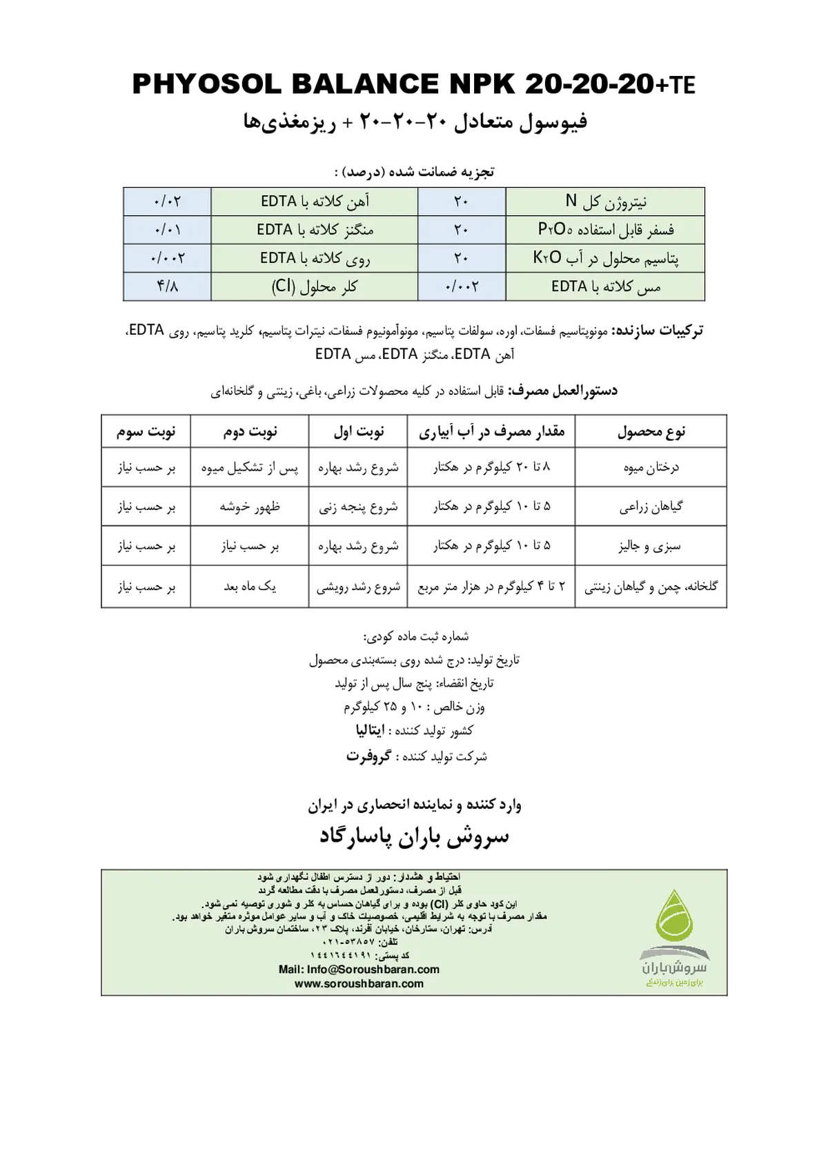 کود جامد 20-20-20 +ریز‌مغذی فیوسول بالانک گراوفرت یتالیا س.ر.ل