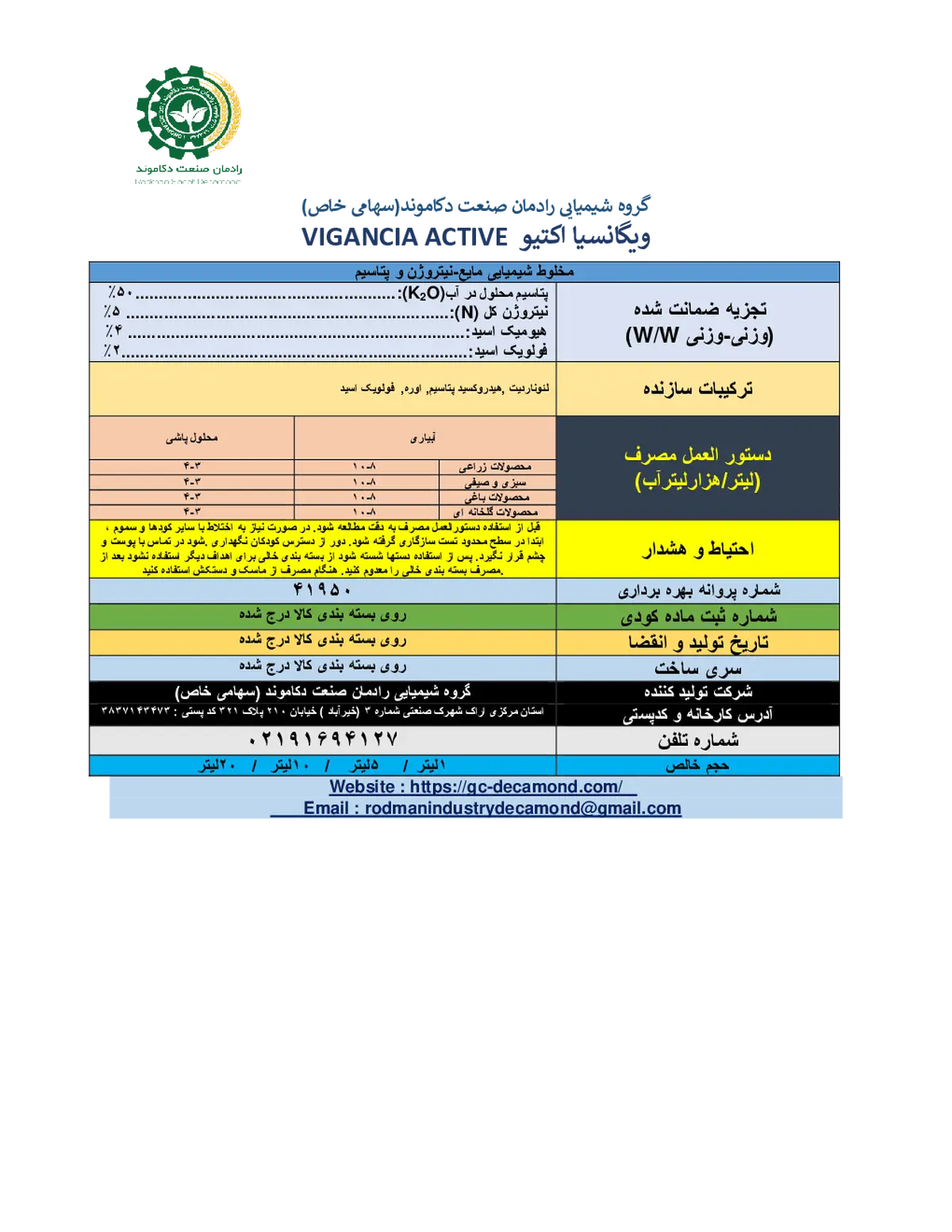 کود مایع- نیتروژن و پتاسیم ویگانکیا اکتیو