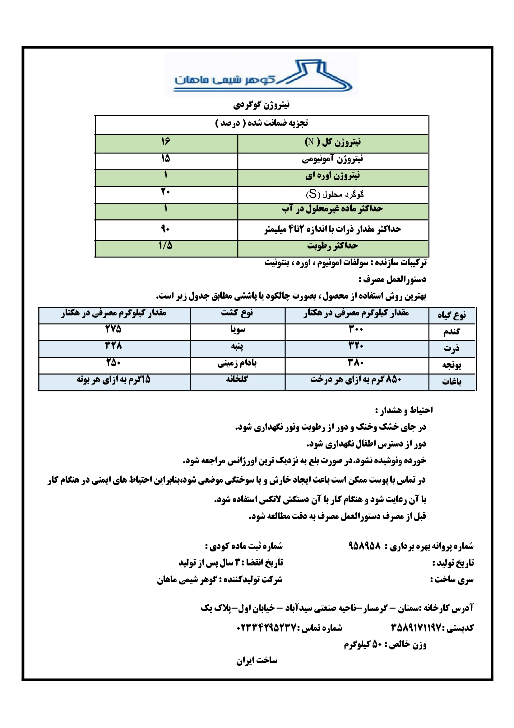 کود جامد-نیتروژن سولفاته گوهر شیمی ماهان
