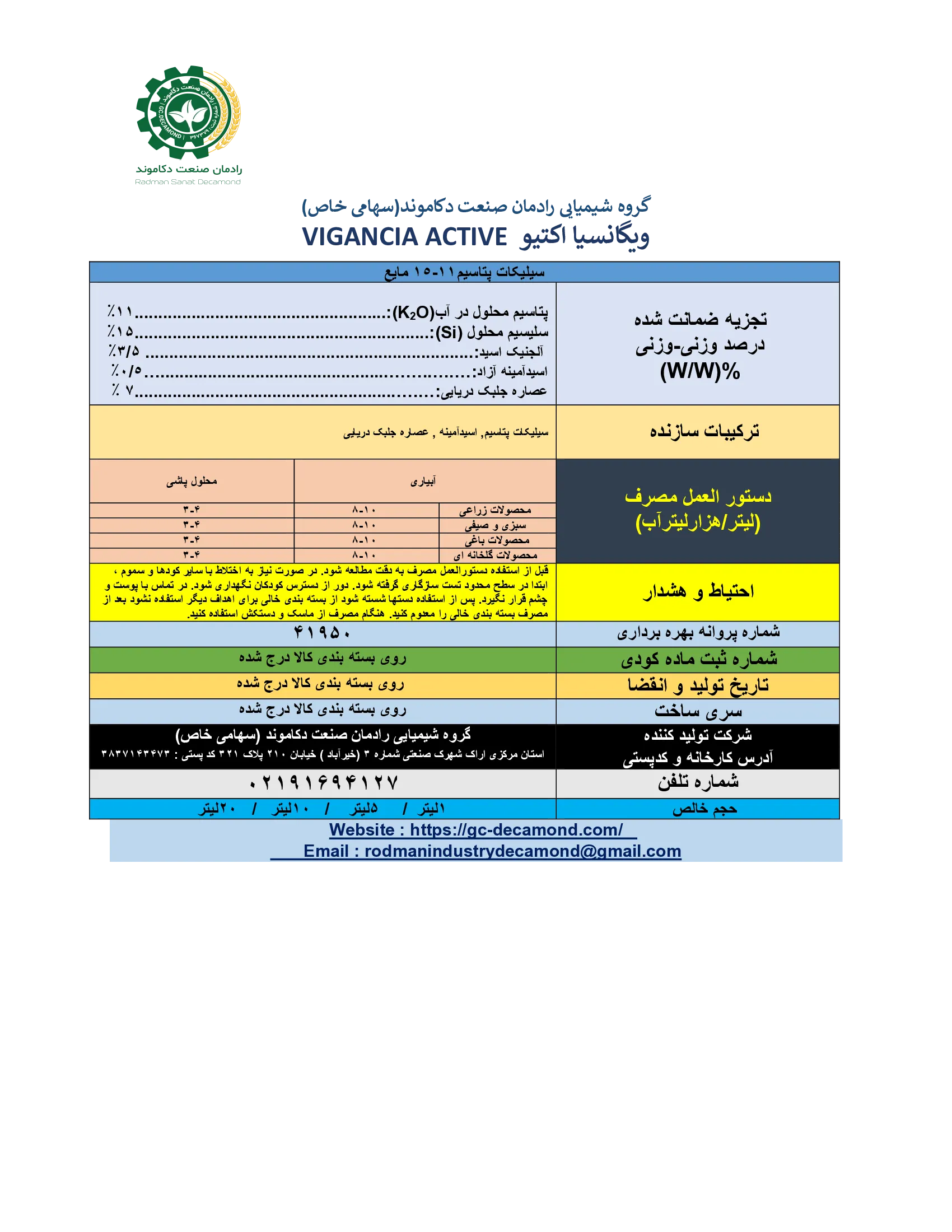 سیلیکات پتاسیم مایع ویگانکیا اکتیو