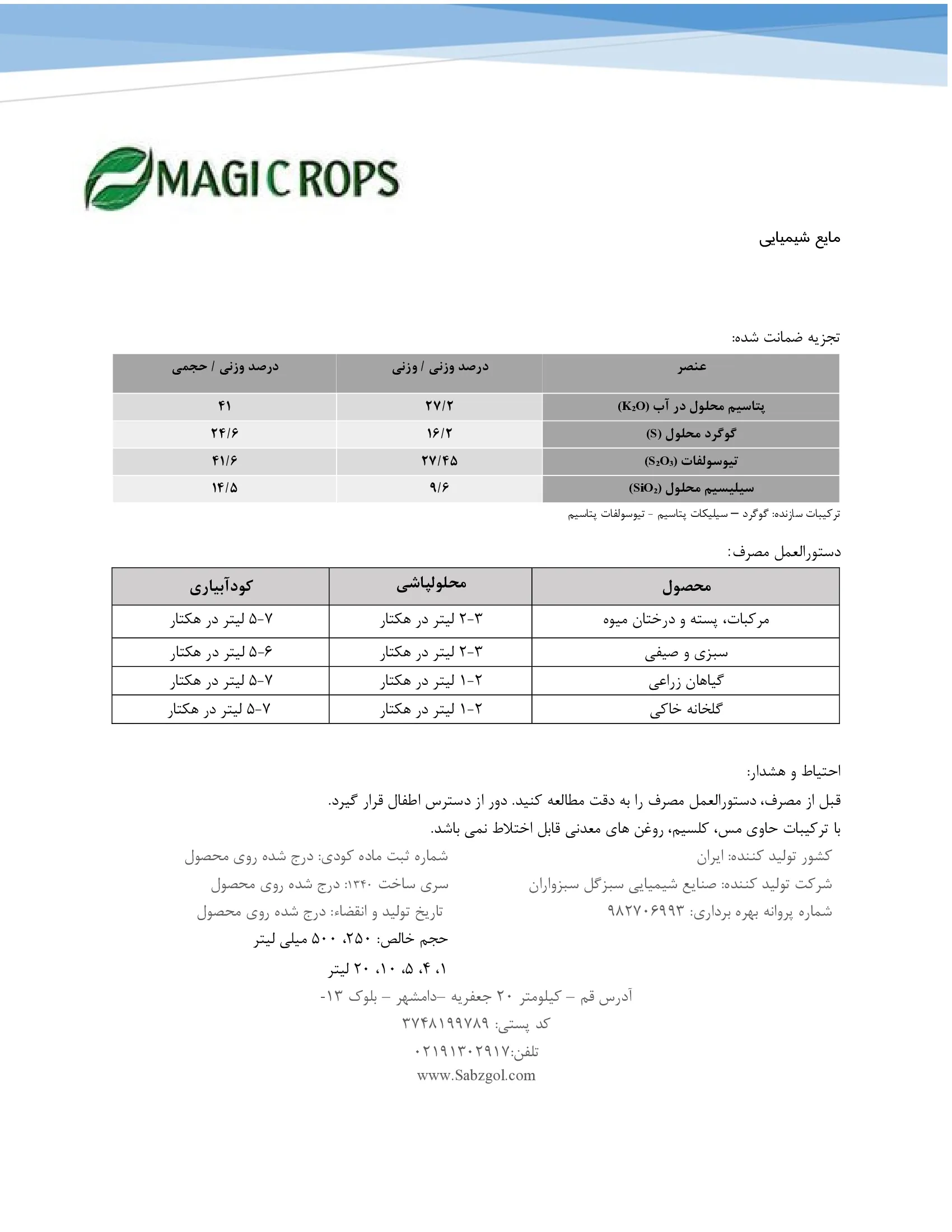 شیمیایی مایع حاوی پتاسیم، گوگرد و سیلیسیم ماجیکروپس