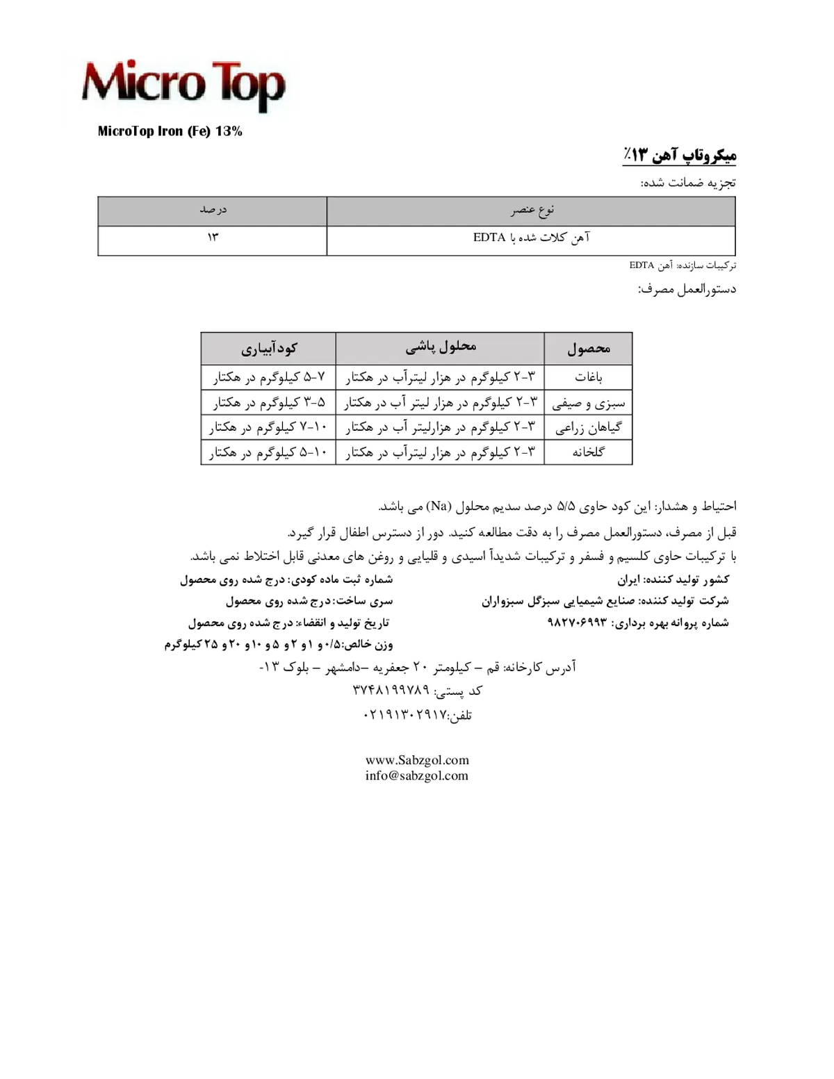 کلات آهن 13% میکرو تاپ آهن 13%