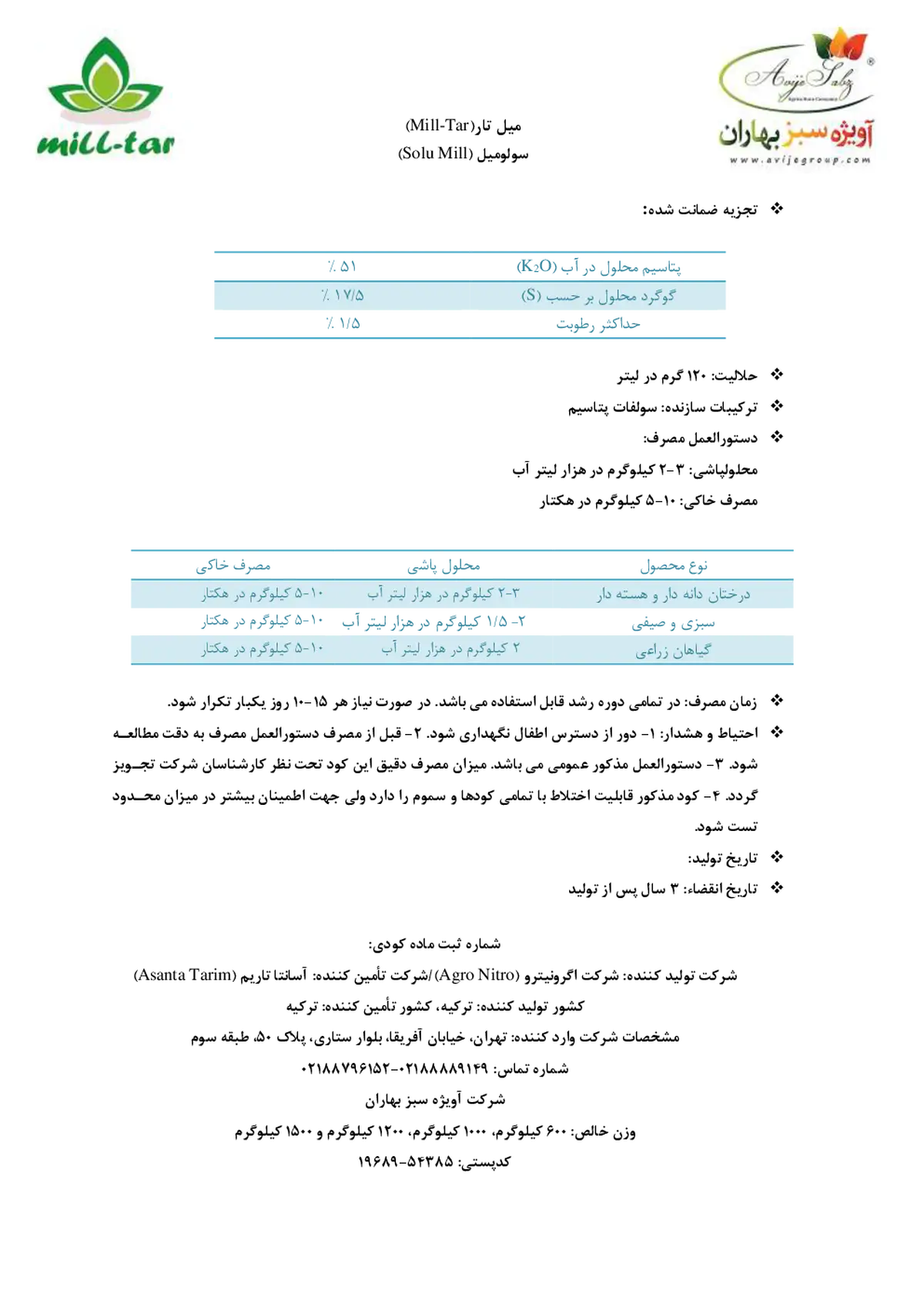 سولفات پتاسیم سولو میلل-میلل-تار