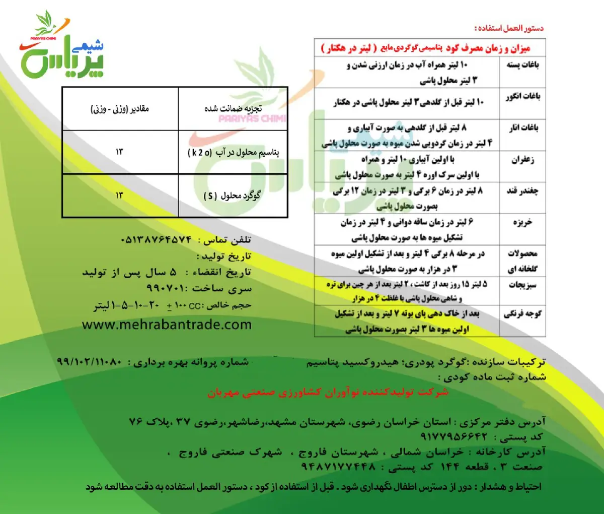 شیمیایی گوگردی مایع حاوی پتاسیم پریاس شیمی