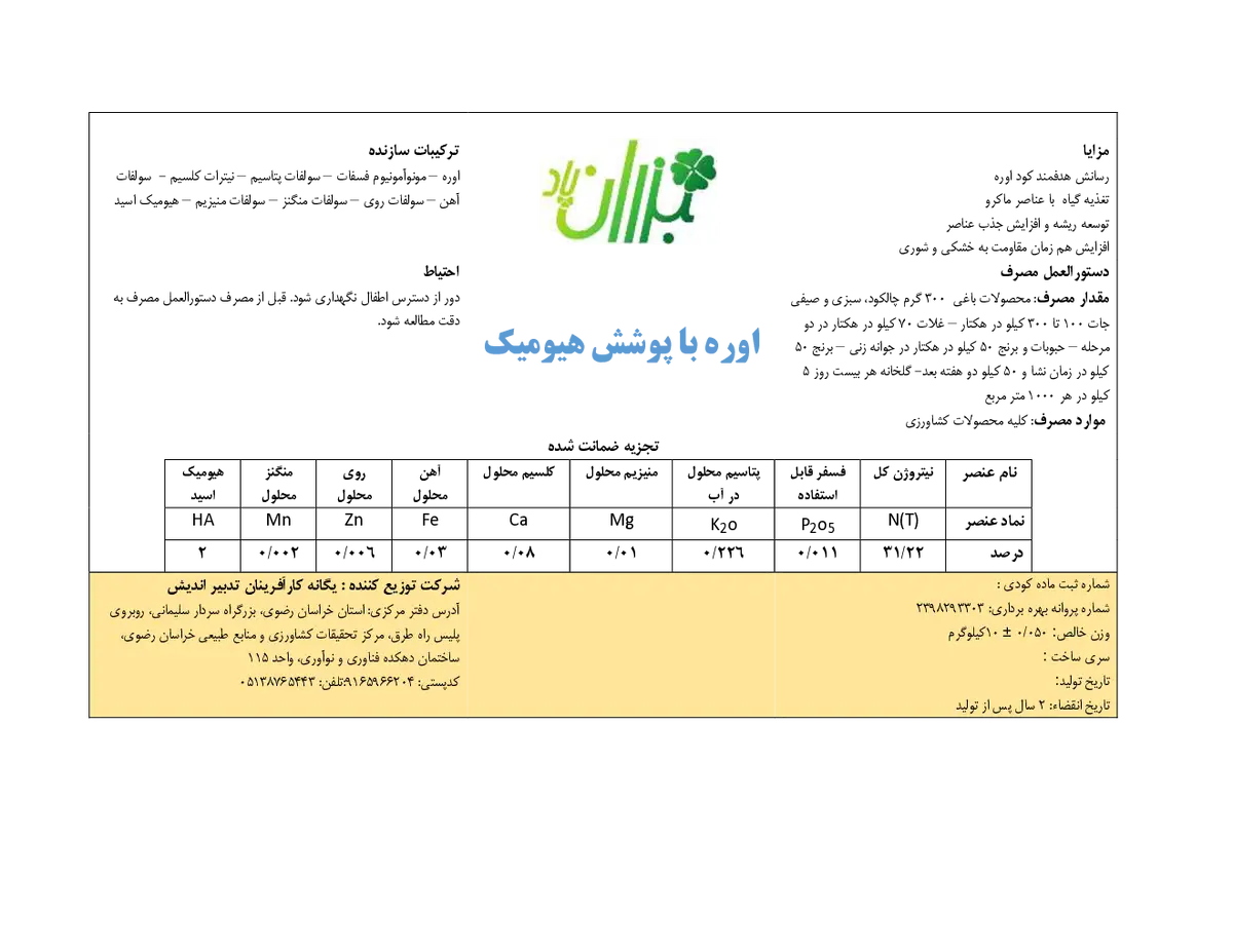 اوره با پوشش هیومیک بذران پاد