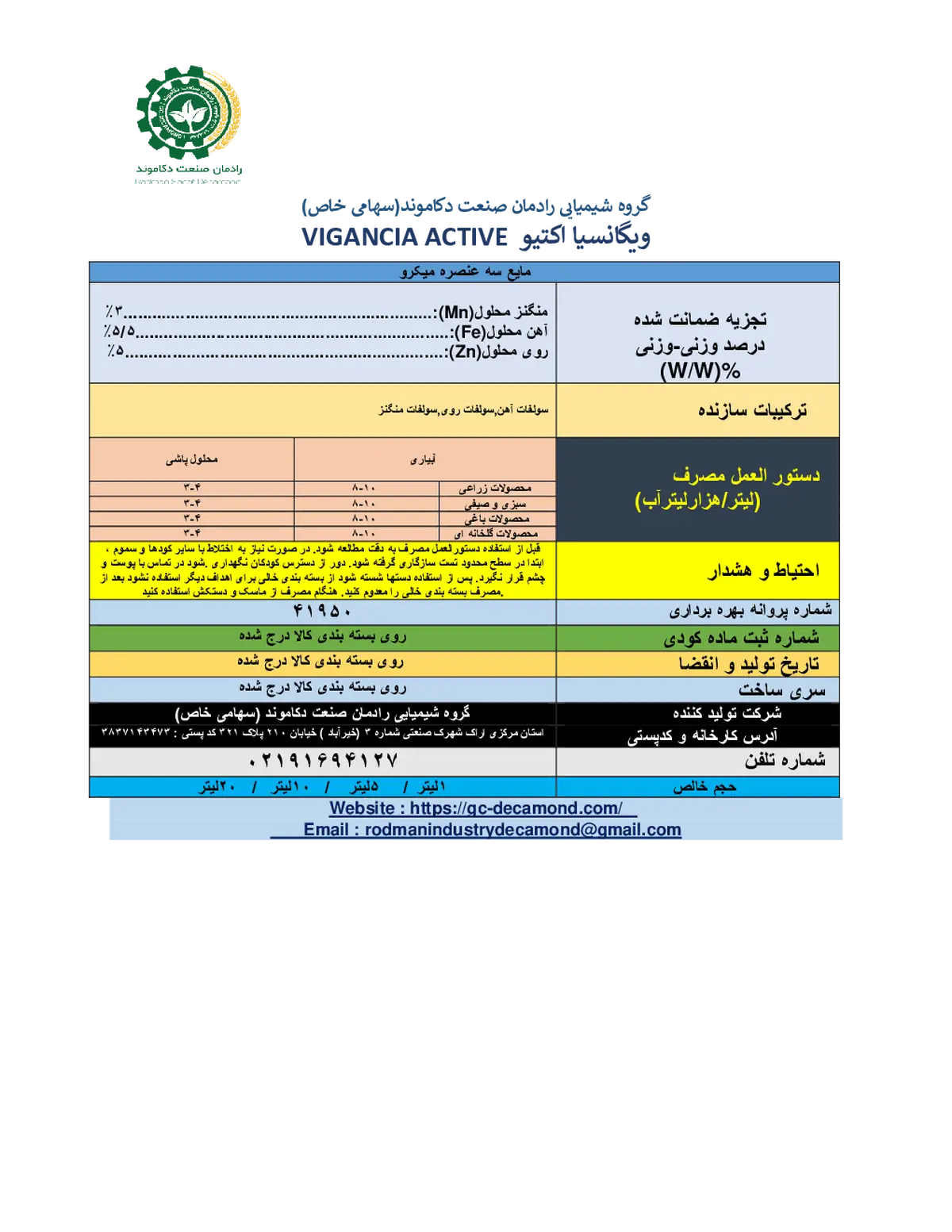 کود مایع میکرو سه عنصره ویگانکیا اکتیو