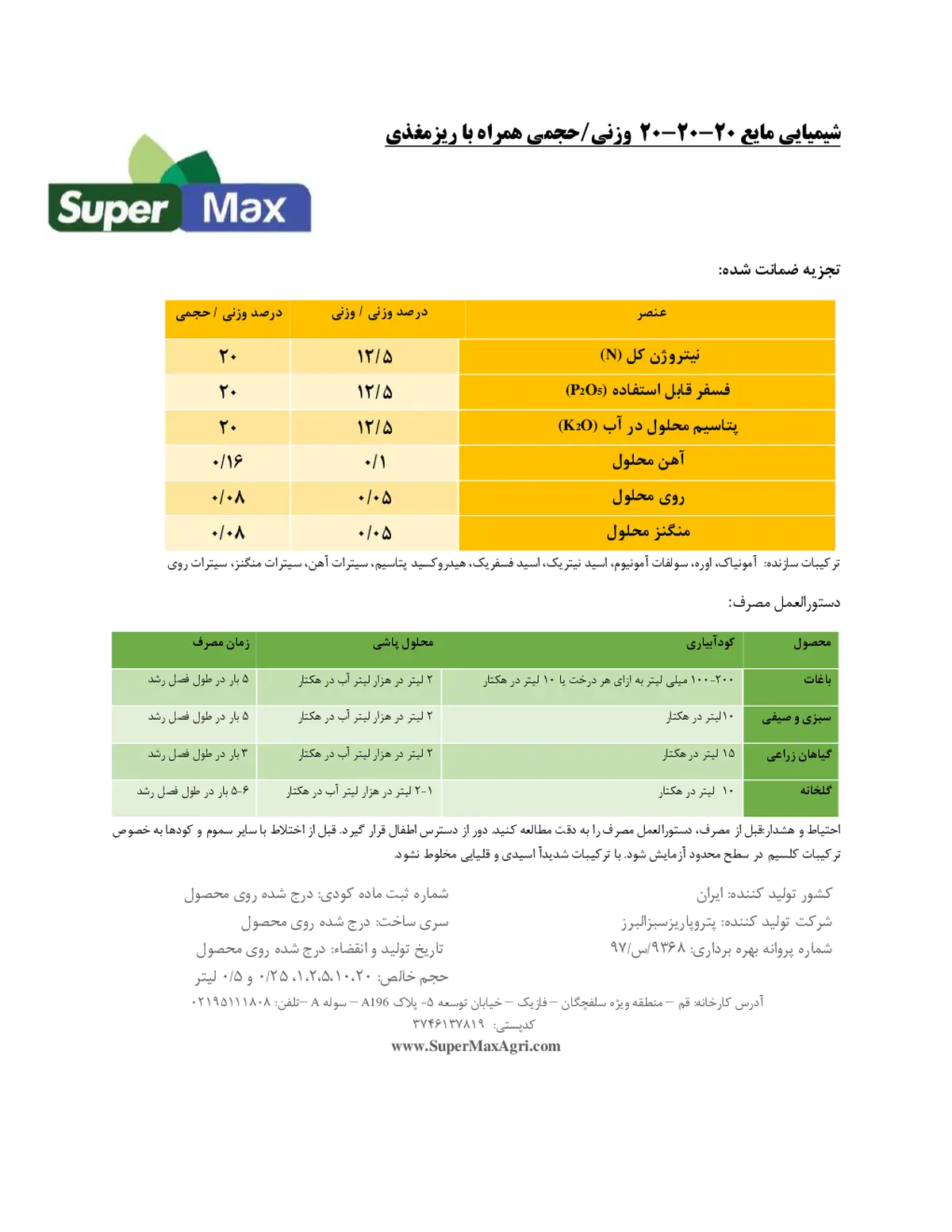 کود مایع ان پی کی 20-20-20+ریز‌مغذی وزنی-حجمی سوپر مکس