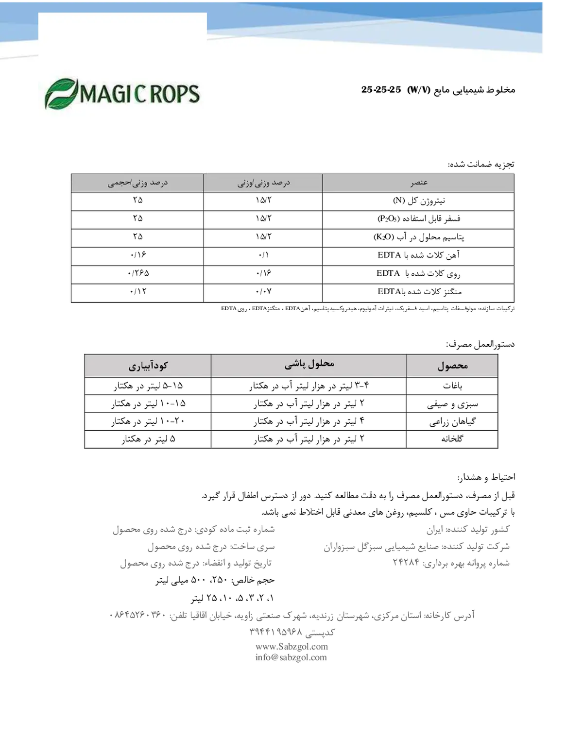 کود مایع ان پی کی 25-25-25 وزنی-حجمی ماجیک روپس
