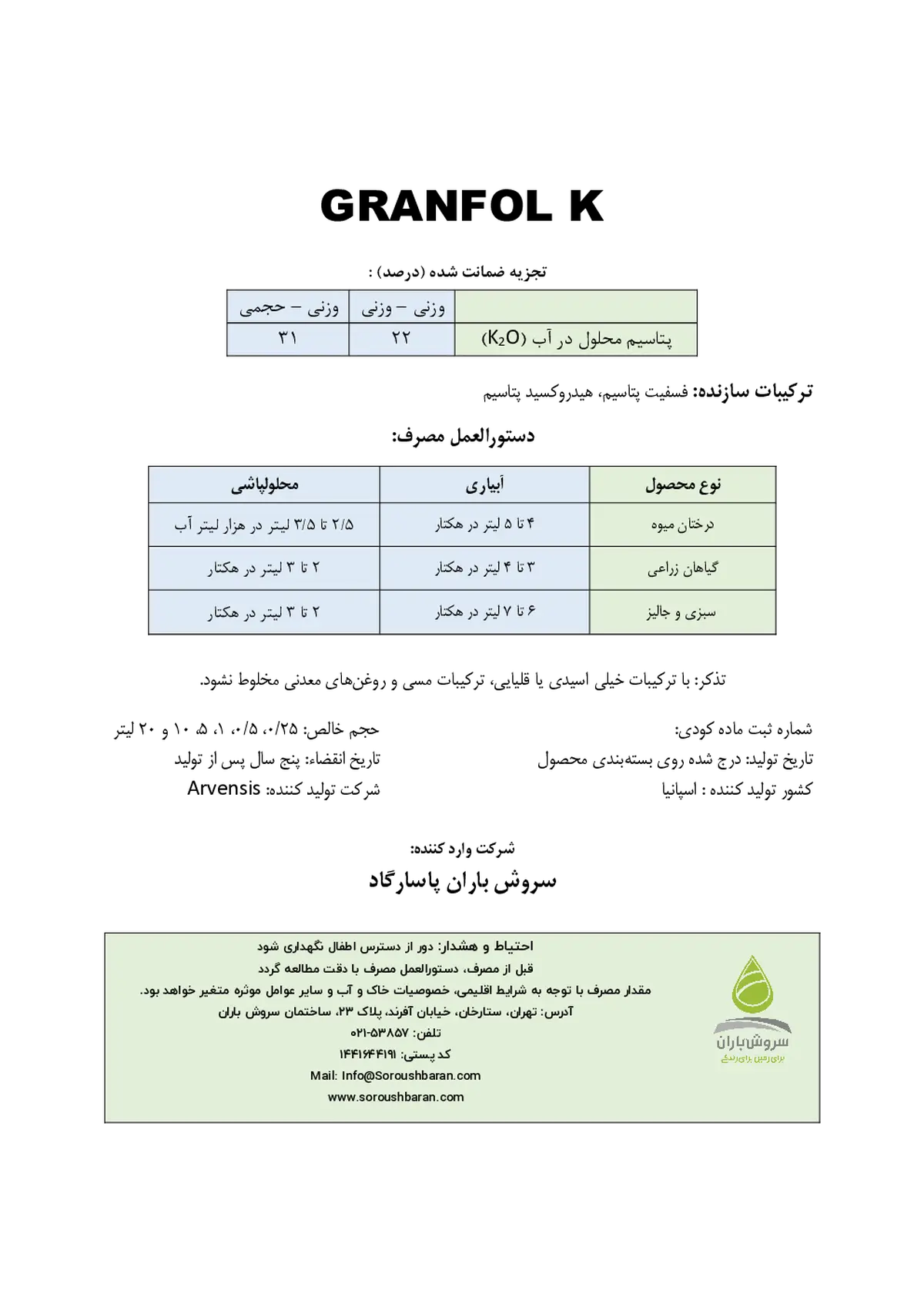 شیمیایی پتاسیمی مایع گرانفول ک
