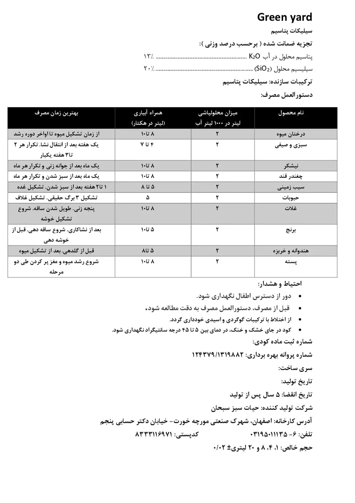 سیلیکات پتاسیم گرین یارد
