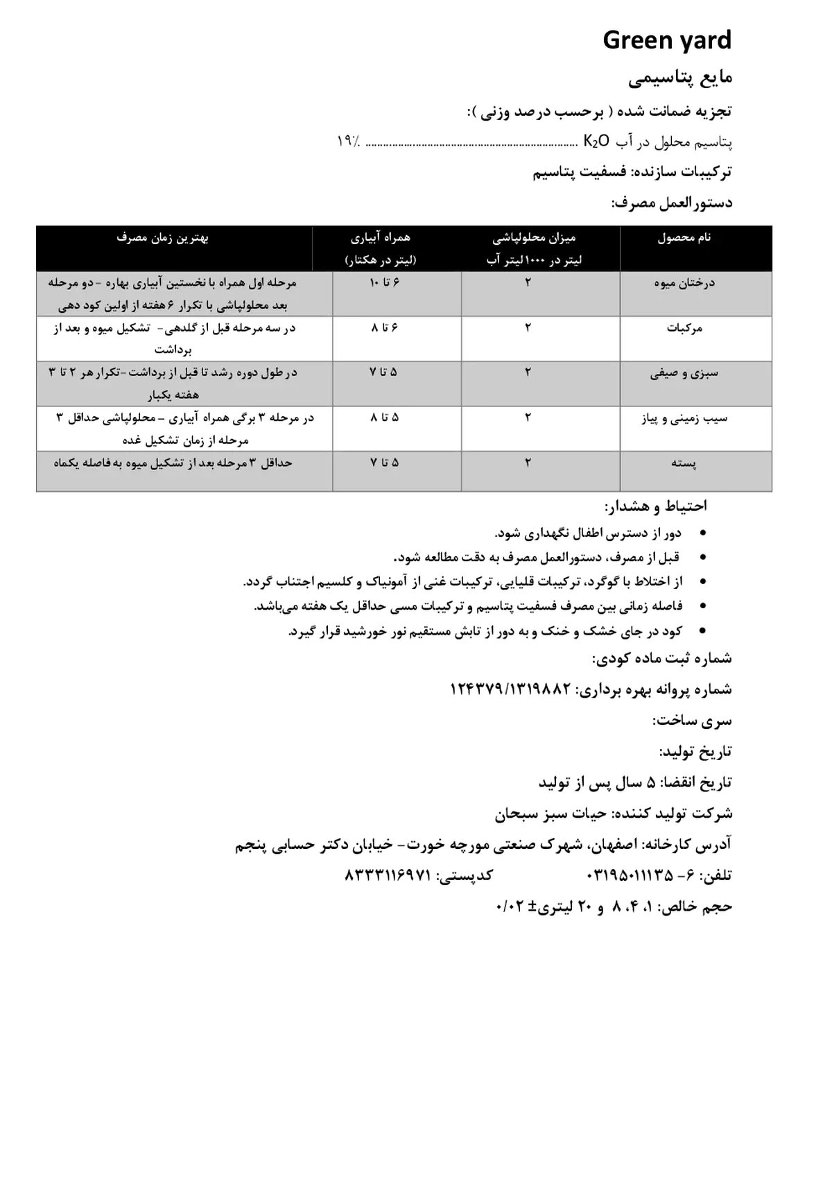 شیمیایی پتاسیمی مایع گرین یارد