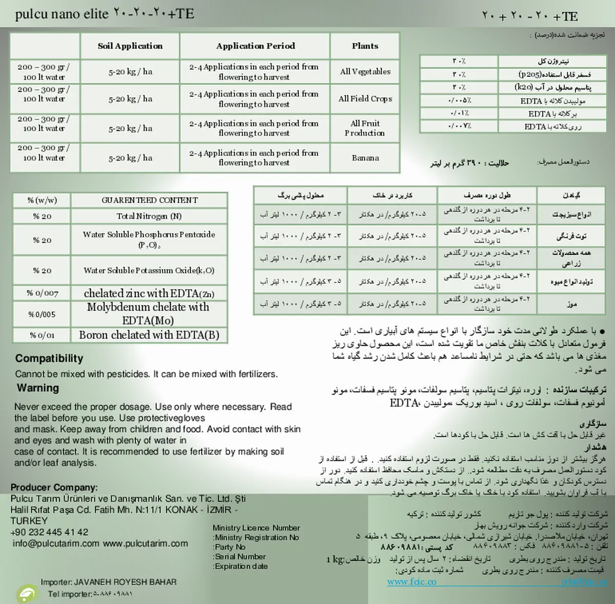 کود جامد ان پی کی 20-20-20+ ریز‌مغذی پولکو نانو الیت
