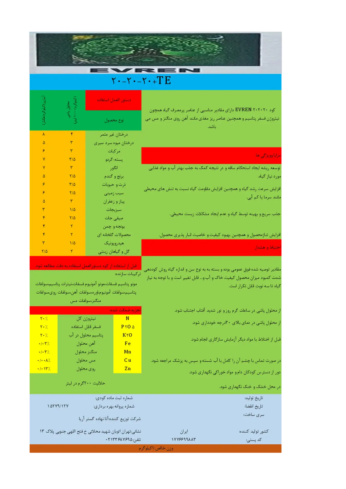 کود جامد ان پی کی 20-20-20 اورن